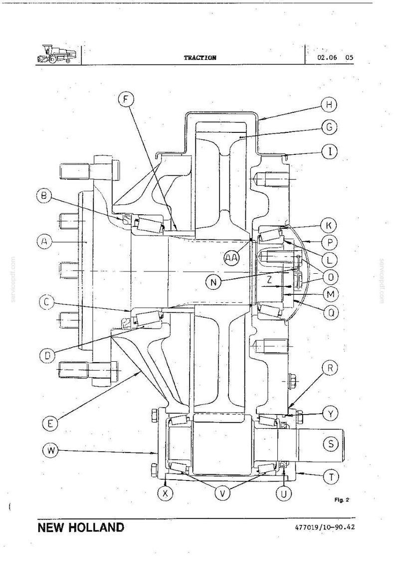 May include: Detailed technical diagram of a mechanical component, likely for a tractor or heavy machinery. The diagram is labeled with letters and numbers, and the text "TRACTION" is visible at the top. The New Holland logo is at the bottom.