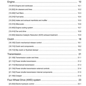 May include: A page from a manual titled "Contents" with a list of engine, clutch, transmission, and four-wheel drive system components. The document includes section numbers and page numbers.