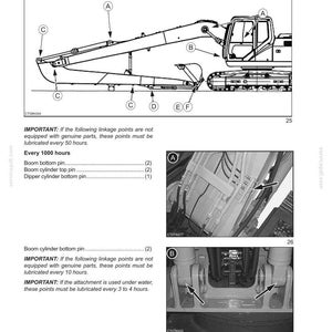 K&ouml;nnte beinhalten: Diagramm eines Long-Reach-Anbaus (Typ CX130B LR) mit beschrifteten Verbindungspunkten. Text gibt Schmierintervalle f&uuml;r Komponenten wie Bolzen und Zylinder an, gemessen in Stunden.