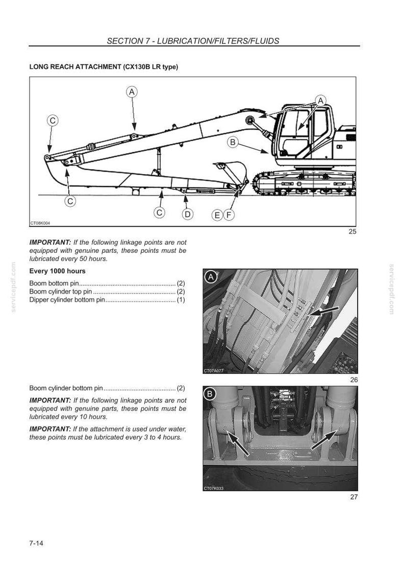 K&ouml;nnte beinhalten: Diagramm eines Long-Reach-Anbaus (Typ CX130B LR) mit beschrifteten Verbindungspunkten. Text gibt Schmierintervalle f&uuml;r Komponenten wie Bolzen und Zylinder an, gemessen in Stunden.