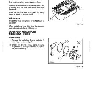 Peut inclure: Une page de manuel technique intitul&eacute;e SECTION 2 - ENGINE, pr&eacute;sentant des sch&eacute;mas d'un filtre &agrave; huile et d'une pompe &agrave; eau. Le texte fournit des instructions de construction, de fonctionnement et d'entretien, avec des &eacute;tiquettes num&eacute;rot&eacute;es.