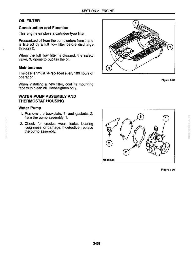 Peut inclure: Une page de manuel technique intitul&eacute;e SECTION 2 - ENGINE, pr&eacute;sentant des sch&eacute;mas d'un filtre &agrave; huile et d'une pompe &agrave; eau. Le texte fournit des instructions de construction, de fonctionnement et d'entretien, avec des &eacute;tiquettes num&eacute;rot&eacute;es.