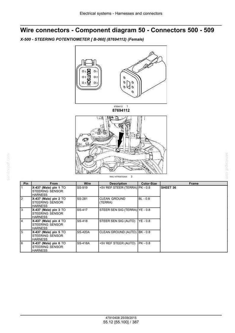 May include: Diagram of wire connectors, component diagram 50, connectors 500-509. Includes a diagram of the X-500 steering potentiometer, with a female connector and a detailed wiring schematic. The diagram includes pin numbers, wire descriptions, and color-size information.