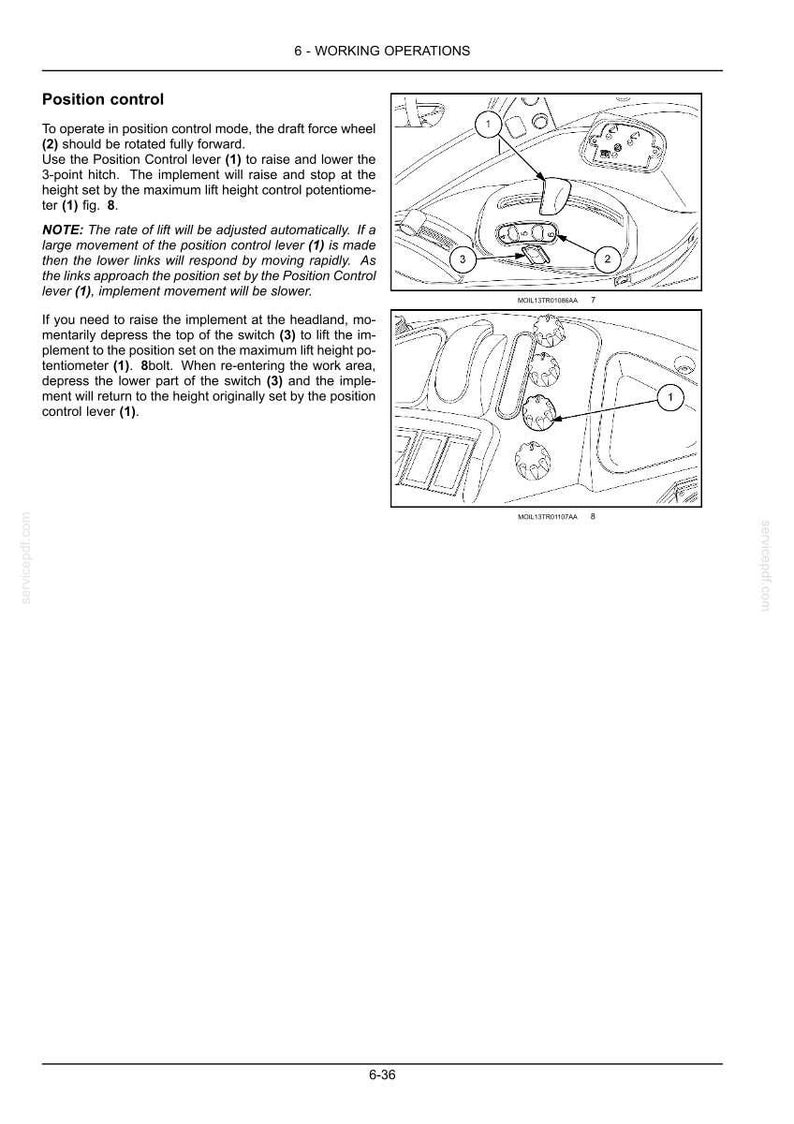 May include: A technical manual page titled 6 - WORKING OPERATIONS featuring black and white line drawings of tractor controls. The diagrams illustrate a position control lever, a draft force wheel, and a switch, labeled with numbers 1, 2, and 3.