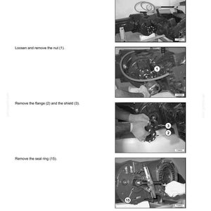 May include: A technical manual page titled SECTION 05 - UNDERCARRIAGE, featuring four black and white instructional photographs detailing the disassembly process of a gearbox, including removing a nut, flange, shield, and seal ring.