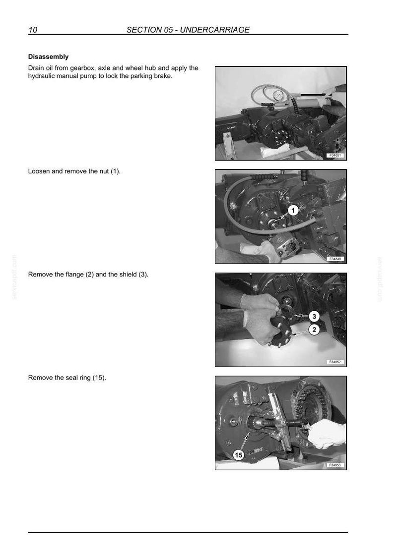 May include: A technical manual page titled SECTION 05 - UNDERCARRIAGE, featuring four black and white instructional photographs detailing the disassembly process of a gearbox, including removing a nut, flange, shield, and seal ring.