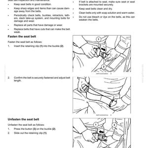May include: A technical document page titled 2-SAFETY INFORMATION containing instructions for seat belt use. It features black and white line drawings illustrating the steps to fasten and unfasten a seat belt, labeled with numbered components.