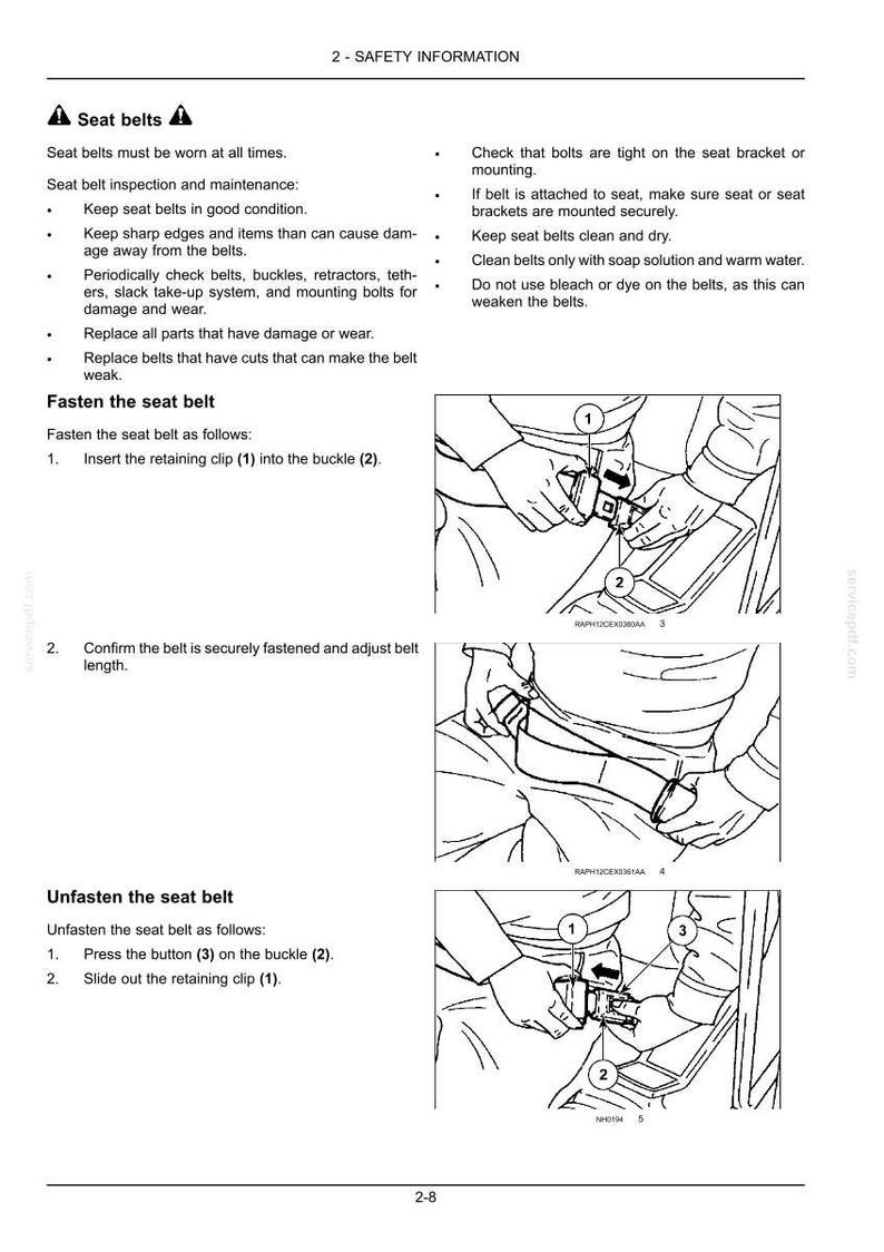 May include: A technical document page titled 2-SAFETY INFORMATION containing instructions for seat belt use. It features black and white line drawings illustrating the steps to fasten and unfasten a seat belt, labeled with numbered components.