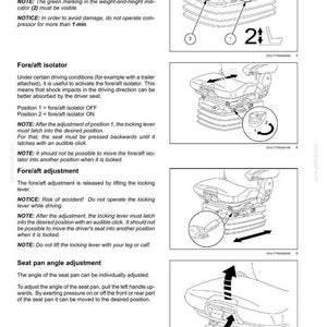 May include: A technical manual page titled 3-CONTROLS AND INSTRUMENTS featuring four black and white line drawings illustrating seat adjustments. Diagrams show height adjustment, fore/aft isolator, fore/aft adjustment, and seat pan angle adjustment.