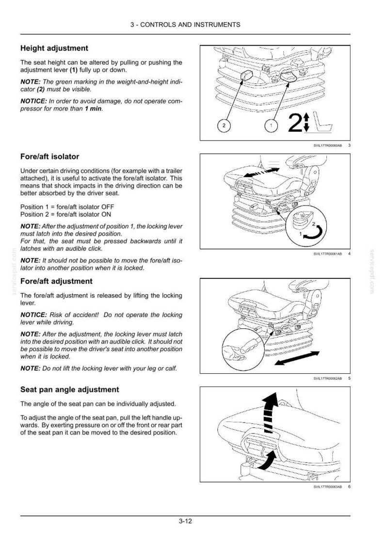 May include: A technical manual page titled 3-CONTROLS AND INSTRUMENTS featuring four black and white line drawings illustrating seat adjustments. Diagrams show height adjustment, fore/aft isolator, fore/aft adjustment, and seat pan angle adjustment.