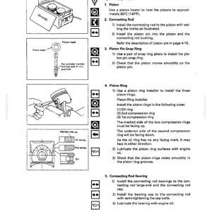May include: A technical manual page titled ENGINE ASSEMBLY III 5-3, detailing piston and connecting rod installation. It features black and white line drawings of a piston heater, piston head markings, ring installation, and text instructions.