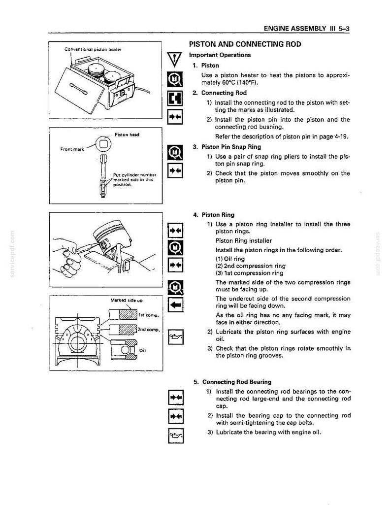 May include: A technical manual page titled ENGINE ASSEMBLY III 5-3, detailing piston and connecting rod installation. It features black and white line drawings of a piston heater, piston head markings, ring installation, and text instructions.