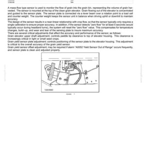 May include: Diagram of a grain flow sensor with text. The sensor monitors grain flow into a bin. Key components include a sensor plate, lever beam, and counterweight. Text includes "Grain flow sensor - Static description" and "A0052 Yield Sensor Out of Range."