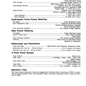 May include: A detailed technical diagram of a hydraulic pump, featuring sections on type, first section, intermediate section, and third section. Includes specifications for front and rear steering, and hydrostatic front power steering. Also shows differential and planetary details.