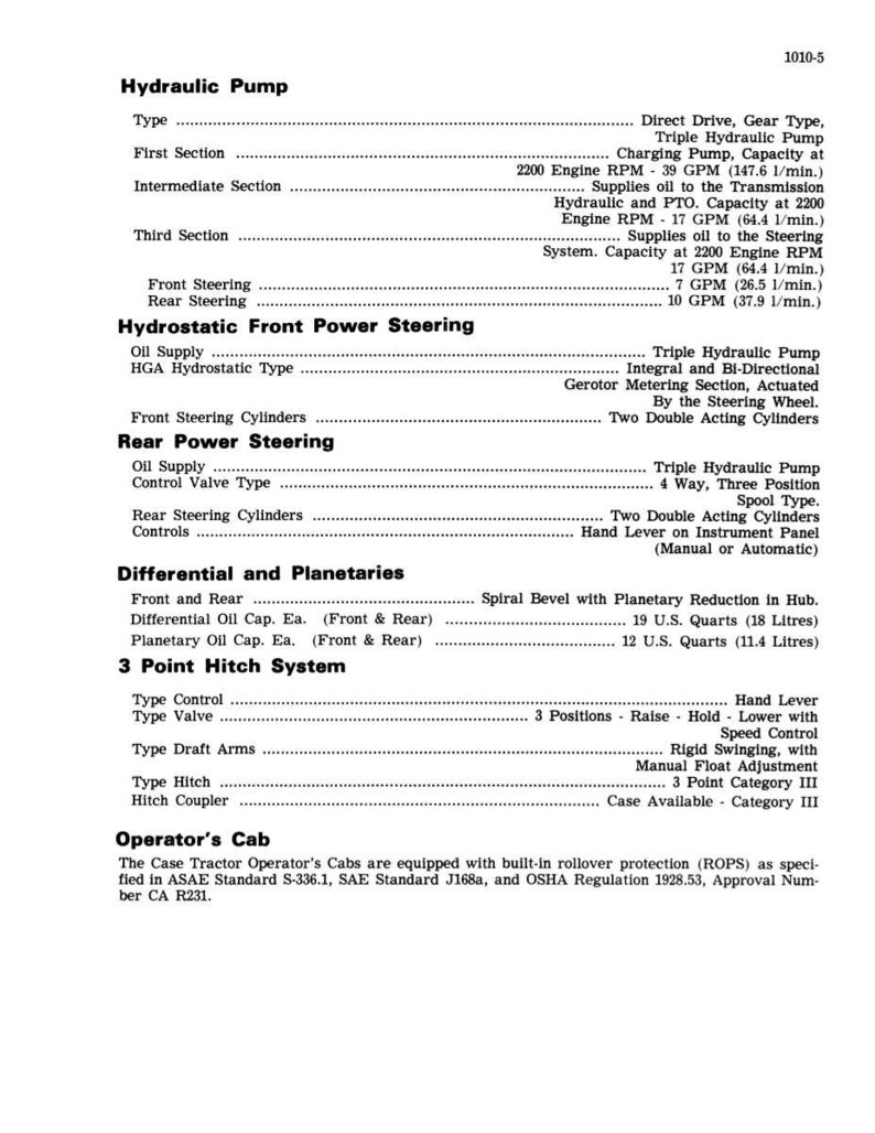 May include: A detailed technical diagram of a hydraulic pump, featuring sections on type, first section, intermediate section, and third section. Includes specifications for front and rear steering, and hydrostatic front power steering. Also shows differential and planetary details.