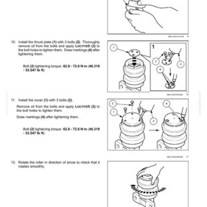 Puede incluir: Diagrama de montaje de rodillos de oruga con instrucciones numeradas. Incluye ilustraciones de apriete de pernos, aplicaci&oacute;n de Loctite y rotaci&oacute;n del rodillo. El texto incluye especificaciones de par en N&middot;m.
