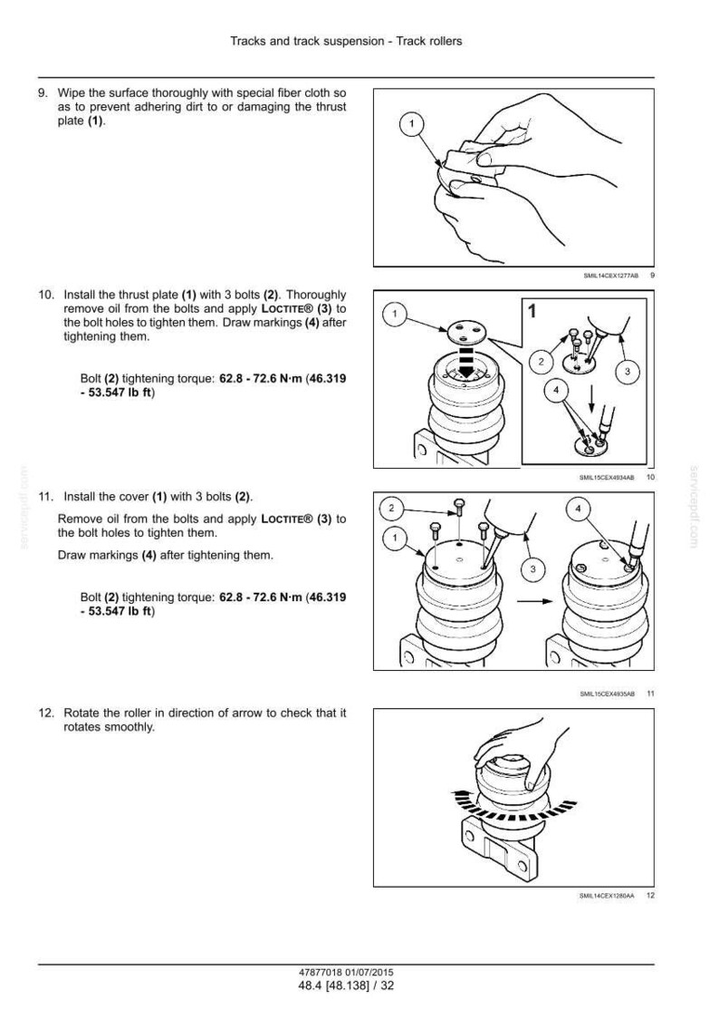Puede incluir: Diagrama de montaje de rodillos de oruga con instrucciones numeradas. Incluye ilustraciones de apriete de pernos, aplicaci&oacute;n de Loctite y rotaci&oacute;n del rodillo. El texto incluye especificaciones de par en N&middot;m.