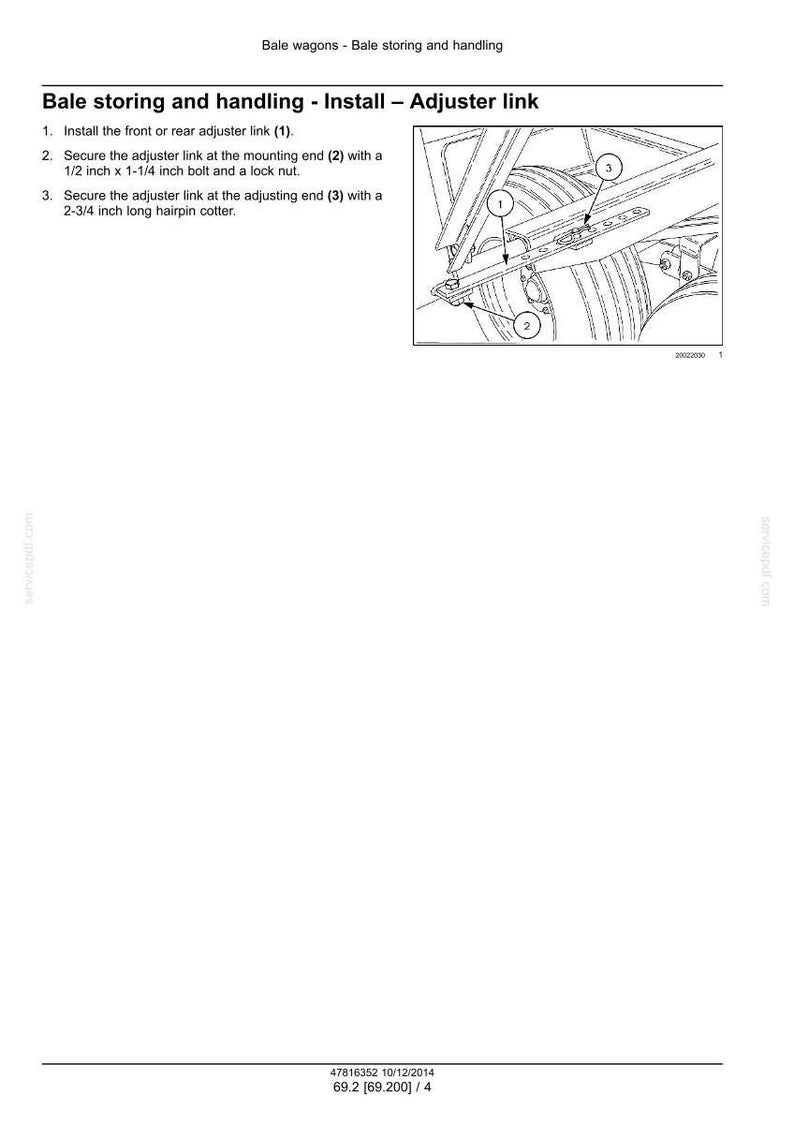 May include: Diagram illustrating the installation of an adjuster link for bale storing and handling. Instructions detail securing the link with bolts and a hairpin cotter. The image includes a detailed view of the components.