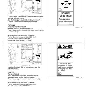 May include: A technical manual page titled 2-SAFETY INFORMATION featuring two black and white safety decals. One warns of a pressurized system hazard, and the other warns of a runover hazard, both including diagrams and instructional text for machine maintenance.