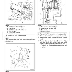 May include: Diagrams from a 4LE2 Engine Mechanical manual. The images show detailed line drawings of engine components, including hoses, pipes, and brackets. Text labels identify each part for clarity. The diagrams are in black and white.