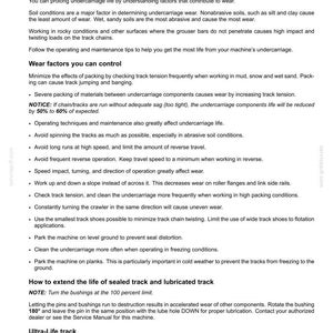 May include: A page from a manual detailing undercarriage wear in machinery. The text covers factors affecting wear, including soil conditions, operating techniques, and maintenance tips. It also provides instructions on extending the life of sealed and lubricated tracks.
