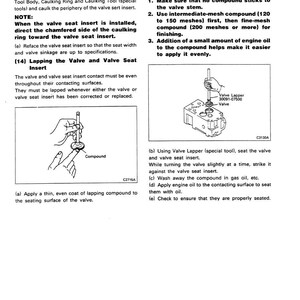 K&ouml;nnte beinhalten: Eine Seite aus einem Handbuch mit Anweisungen zur Motorwartung. Sie beschreibt Verfahren zum Einsetzen von Ventilsitzringen und zum L&auml;ppen von Ventilen. Diagramme veranschaulichen den Prozess, mit Bezeichnungen wie "Compound" und "Valve Lapper".