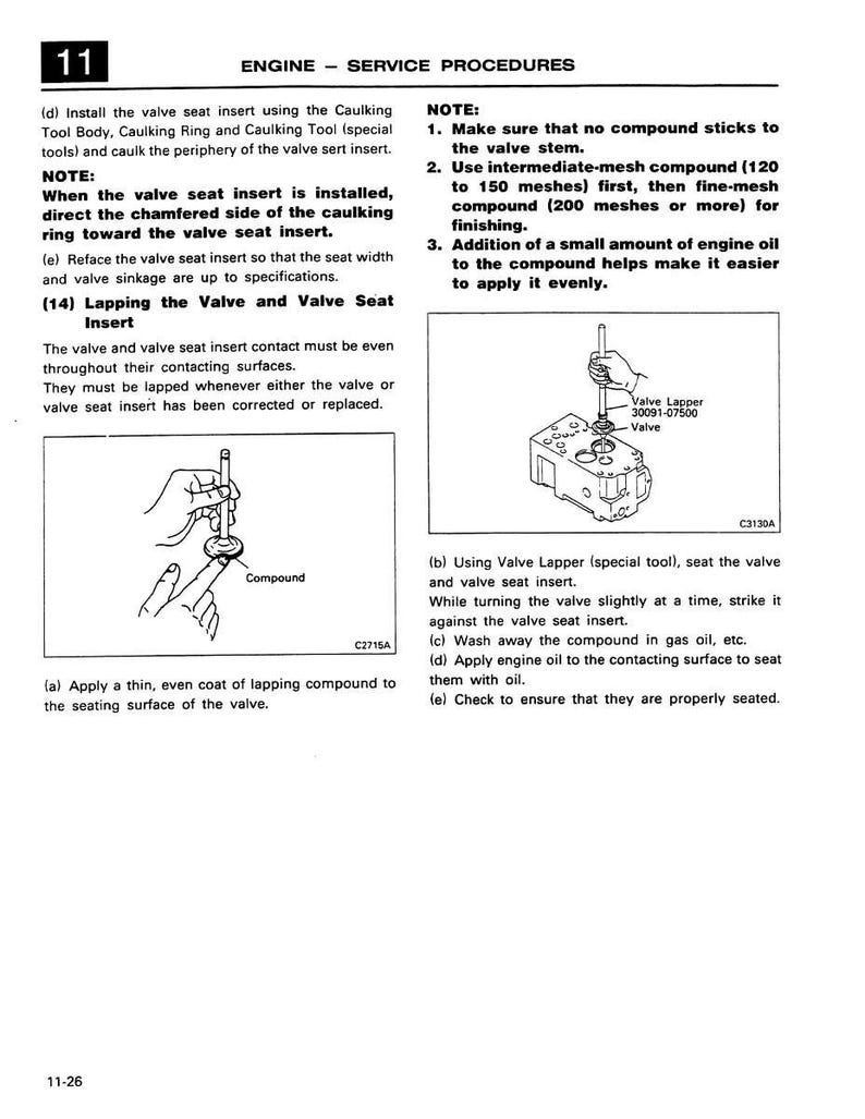 K&ouml;nnte beinhalten: Eine Seite aus einem Handbuch mit Anweisungen zur Motorwartung. Sie beschreibt Verfahren zum Einsetzen von Ventilsitzringen und zum L&auml;ppen von Ventilen. Diagramme veranschaulichen den Prozess, mit Bezeichnungen wie "Compound" und "Valve Lapper".