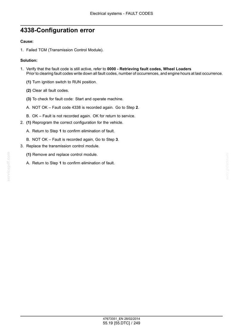 May include: A technical document detailing fault codes for electrical systems. The document includes the title "4338-Configuration error" and provides troubleshooting steps, including checking the transmission control module.