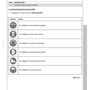 May include: A safety information sheet with the title "SAFETY" and the text "Individual Protective Devices (IPD)". The sheet includes pictograms in blue circles, indicating obligations such as wearing goggles, work clothing, hearing protection, gloves, shoes, and a hard hat.