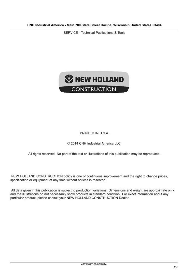 May include: A white document with the "NEW HOLLAND CONSTRUCTION" logo in a gray and black oval. The document includes text about technical publications and tools, copyright information, and a disclaimer.