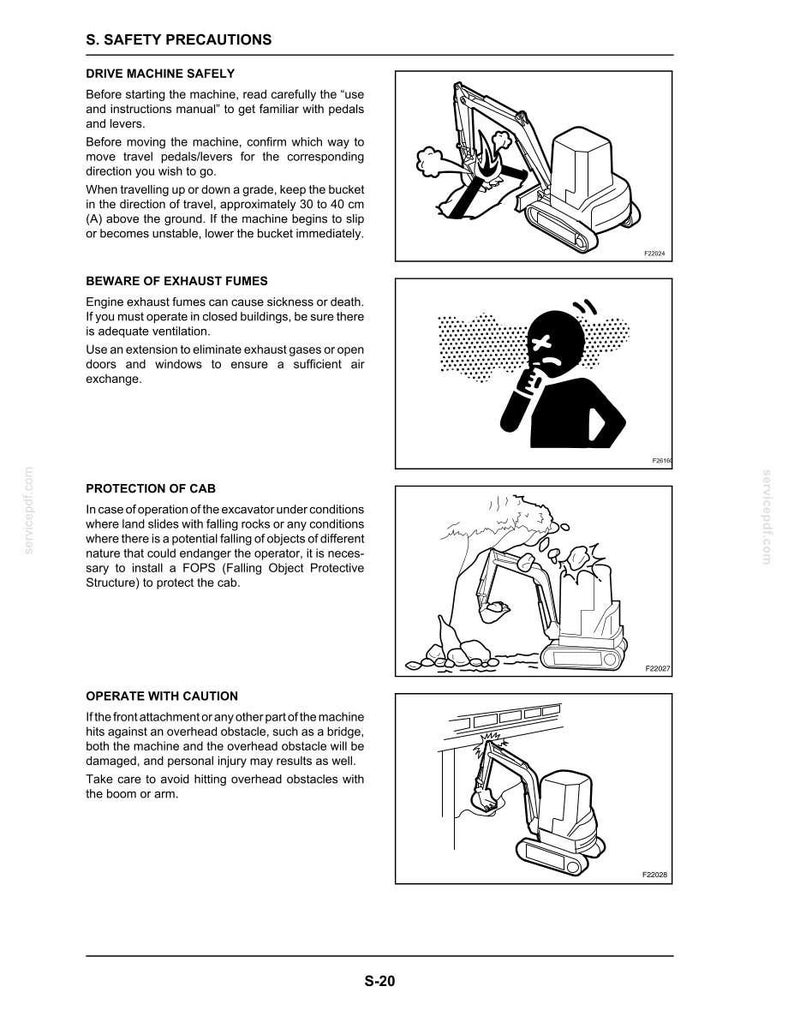 May include: Black and white illustrations from a safety manual. The images depict an excavator in various scenarios, including operating on a slope, potential hazards from exhaust fumes, falling objects, and overhead obstacles. Text includes safety precautions and warnings.