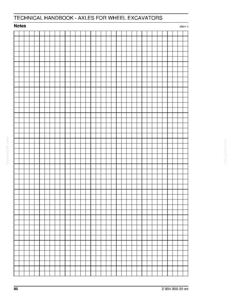May include: A page from a technical handbook titled "TECHNICAL HANDBOOK - AXLES FOR WHEEL EXCAVATORS." The page features a grid of small squares, with the word "Notes" at the top. The bottom of the page has a number and a product code.