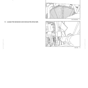 May include: Diagram illustrating maintenance steps. Text reads: "Locate the drive belt behind the fan guard." and "Remove the bolts that hold the fan guard in place." Two detailed images show mechanical components, including a fan guard and drive belt.