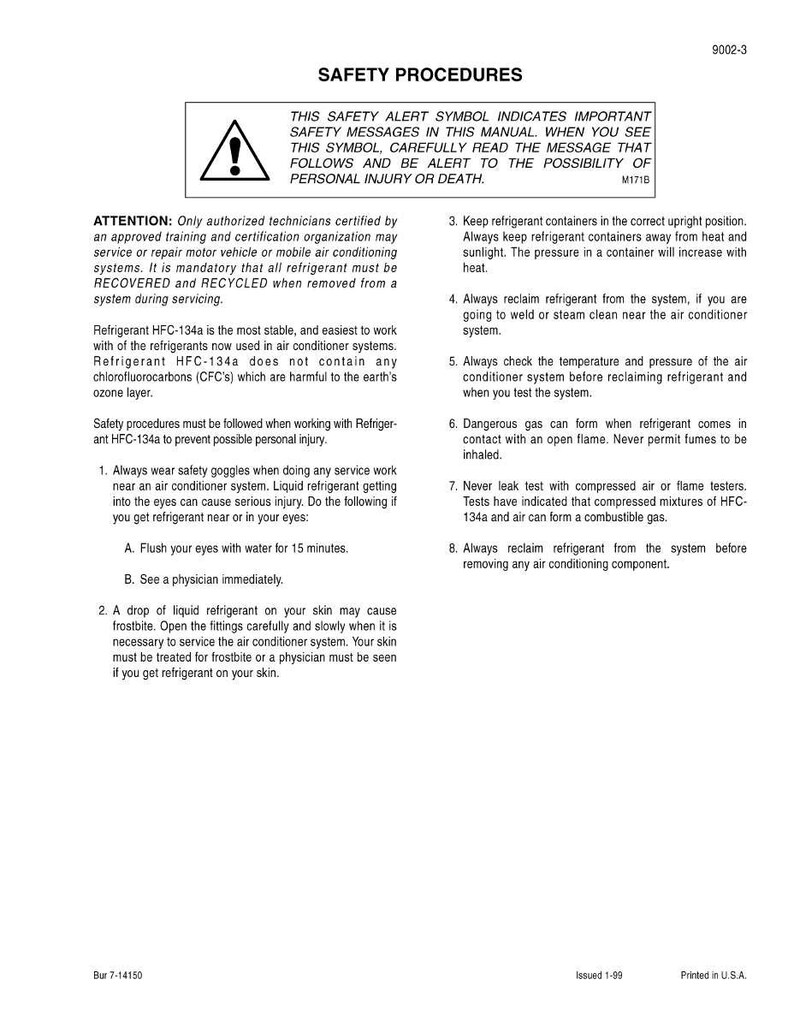 May include: A printed page titled "SAFETY PROCEDURES" with safety warnings and instructions for working with refrigerant HFC-134a in air conditioning systems. Includes warnings about personal injury and frostbite.