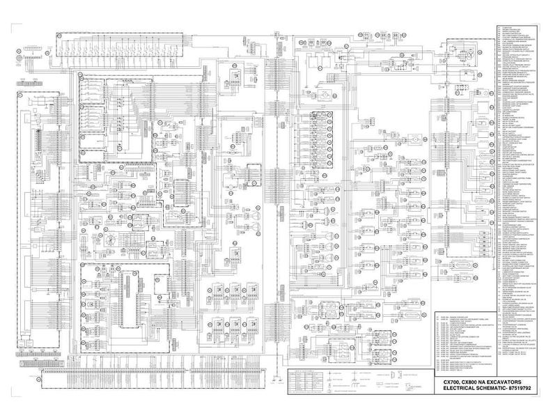 Op de afbeelding: Een gedetailleerd elektrisch schema voor CX700 en CX800 NA graafmachines. Het zwart-wit diagram bevat talrijke lijnen, symbolen en componenten, met tekstlabels en een legenda aan de rechterkant. Het document is gedateerd 15-08-1992.