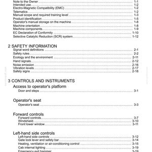 May include: A page from a manual titled "Contents" with a list of topics including "General Information," "Safety Information," and "Controls and Instruments." The text is black on a white background.