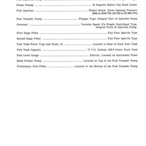 May include: A detailed technical diagram titled "Fuel System" with specifications for fuel injection pump, injectors, and filters. Includes measurements in PSI and U.S. gallons. The text is in black font on a white background.