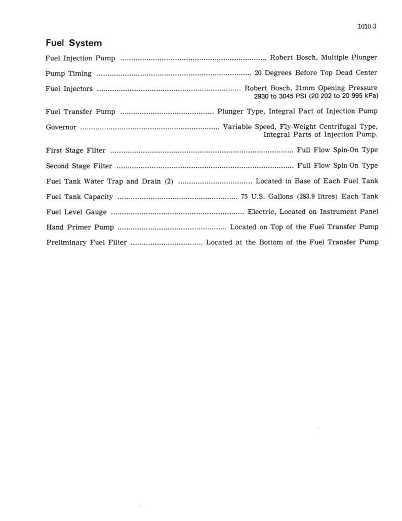 May include: A detailed technical diagram titled "Fuel System" with specifications for fuel injection pump, injectors, and filters. Includes measurements in PSI and U.S. gallons. The text is in black font on a white background.