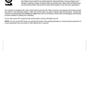 May include: A page from an operating manual titled "Ride control." The text describes the function of ride control in a wheel loader, including its benefits for operator comfort and machine longevity. Includes a diagram of a wheel.
