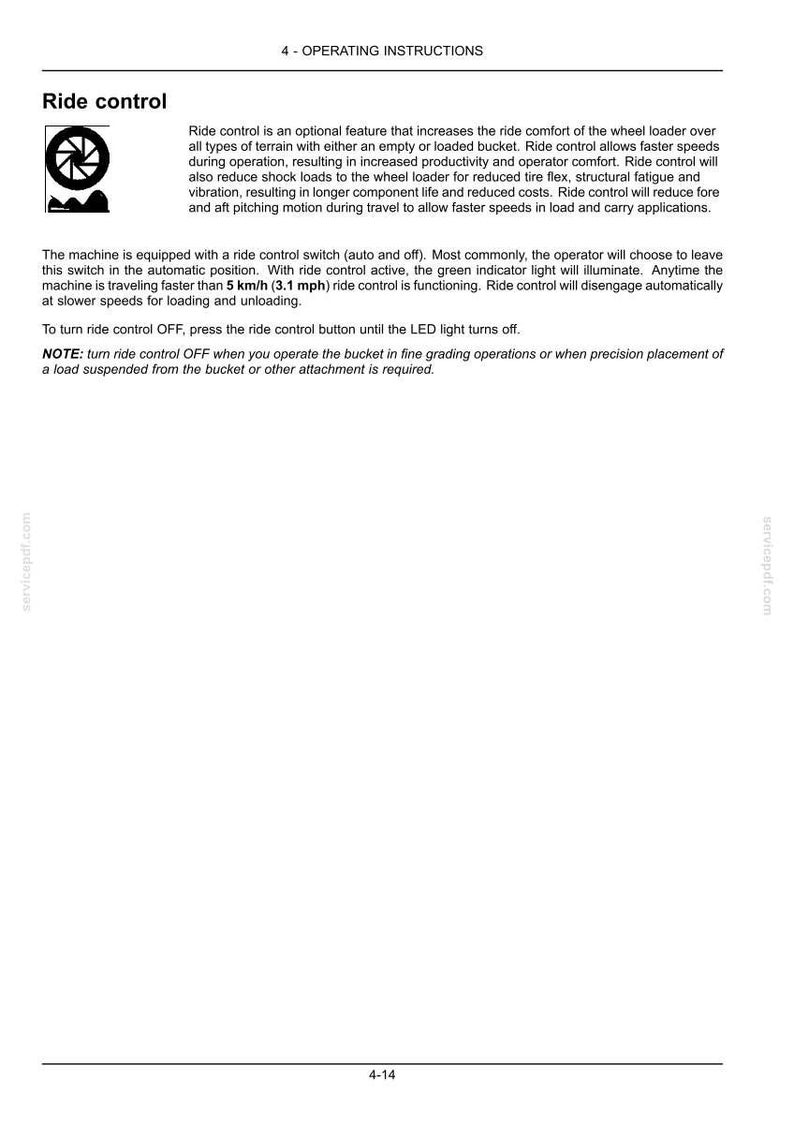 May include: A page from an operating manual titled "Ride control." The text describes the function of ride control in a wheel loader, including its benefits for operator comfort and machine longevity. Includes a diagram of a wheel.