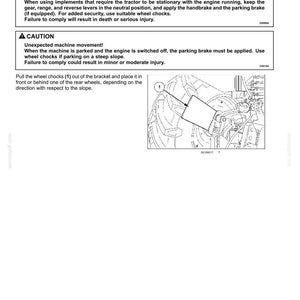 May include: A technical document page titled 2-SAFETY INFORMATION regarding wheel chocks. It includes DANGER and CAUTION text boxes, and a black and white line drawing showing a wheel chock labeled 1 being removed from a bracket on a tractor wheel.