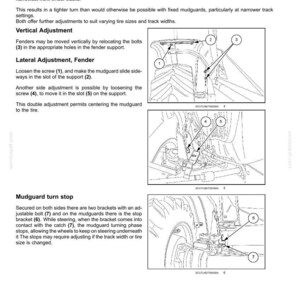 Pode incluir: Uma p&aacute;gina de manual t&eacute;cnico intitulada 6-WORKING OPERATIONS detalhando para-lamas dianteiros est&aacute;ticos, ajustes verticais e laterais e batentes de para-lama para um trator. Inclui tr&ecirc;s desenhos de linha em preto e branco com pe&ccedil;as numeradas.