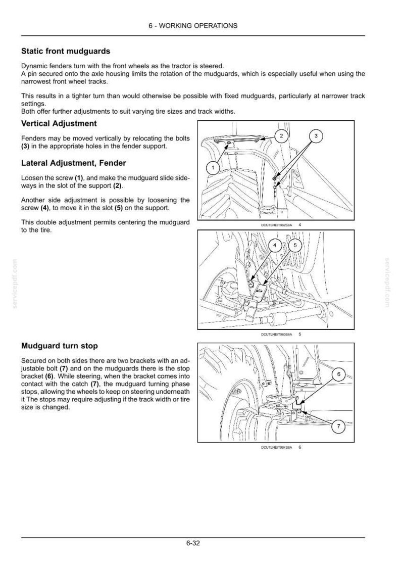Pode incluir: Uma p&aacute;gina de manual t&eacute;cnico intitulada 6-WORKING OPERATIONS detalhando para-lamas dianteiros est&aacute;ticos, ajustes verticais e laterais e batentes de para-lama para um trator. Inclui tr&ecirc;s desenhos de linha em preto e branco com pe&ccedil;as numeradas.