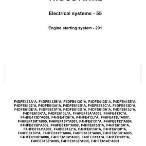 May include: A CNH Industrial document with the company logo and text. The document lists "Electrical systems - 55" and "Engine starting system - 201". Below are various part numbers.