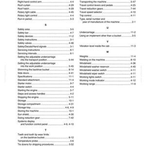 May include: Alphabetical index from Section 12, listing terms and page numbers. Includes entries for safety, storage, and machine components. The document is a reference guide for a machine.