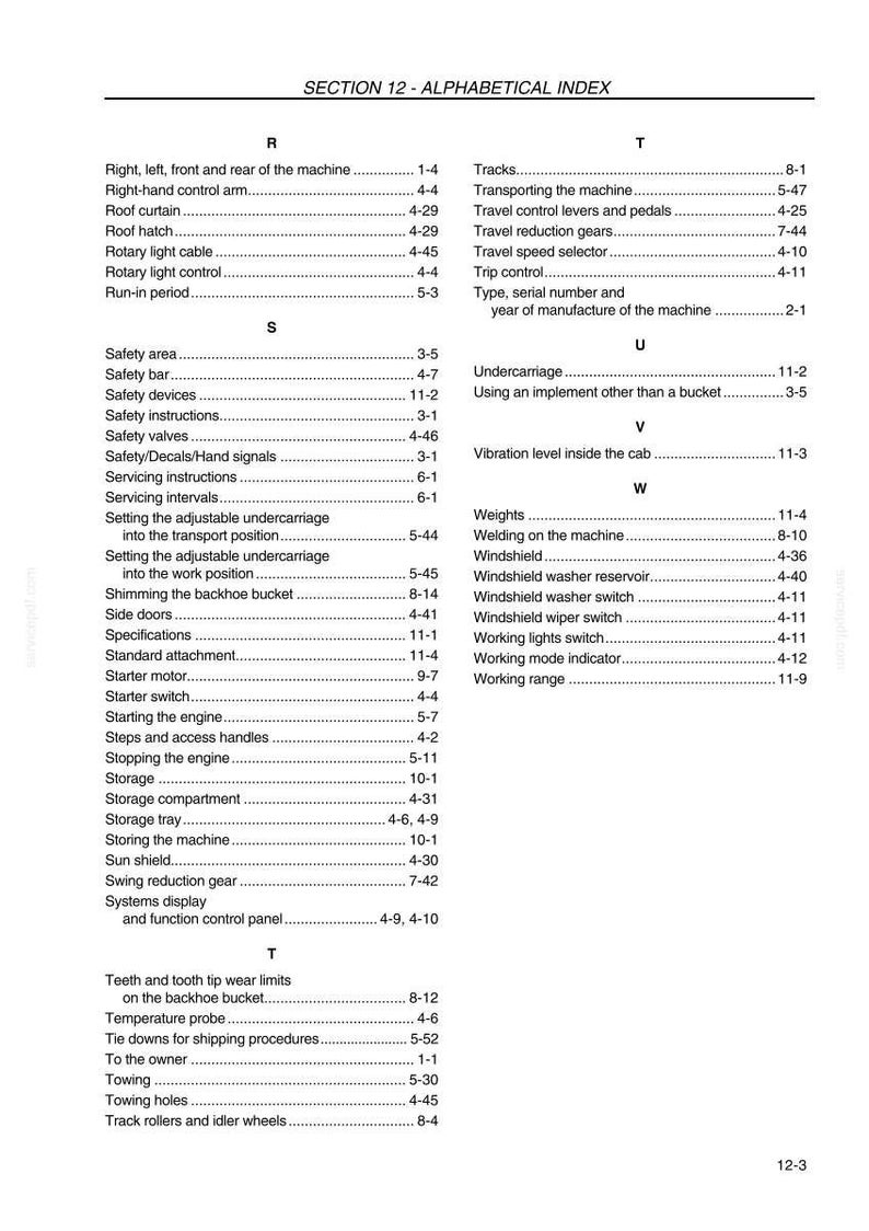 May include: Alphabetical index from Section 12, listing terms and page numbers. Includes entries for safety, storage, and machine components. The document is a reference guide for a machine.