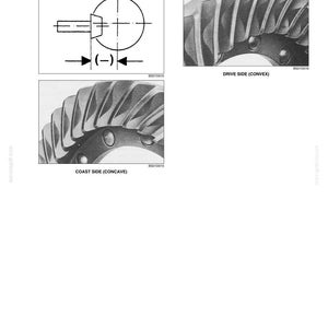 May include: Technical diagram with three illustrations of mechanical components. The top left shows a diagram with the text "Pinion Distance Must Be Decreased." The top right and bottom left show close-ups of gear components labeled "Drive Side (Convex)" and "Coast Side (Concave)."