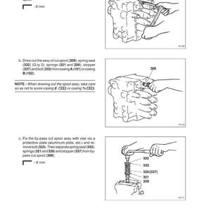 May include: Diagram of a control valve assembly with labels and instructions for disassembly. The image includes illustrations of various components, such as bolts, springs, and a cut spool, with measurements in millimeters.