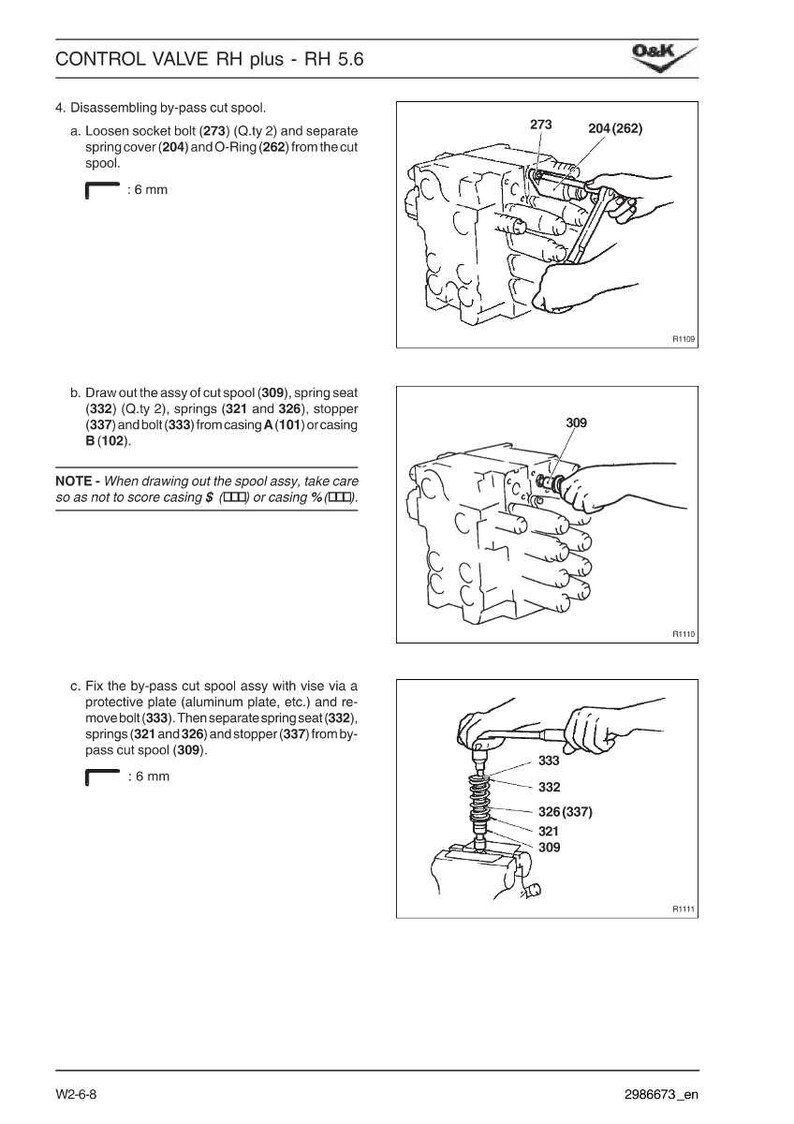 May include: Diagram of a control valve assembly with labels and instructions for disassembly. The image includes illustrations of various components, such as bolts, springs, and a cut spool, with measurements in millimeters.