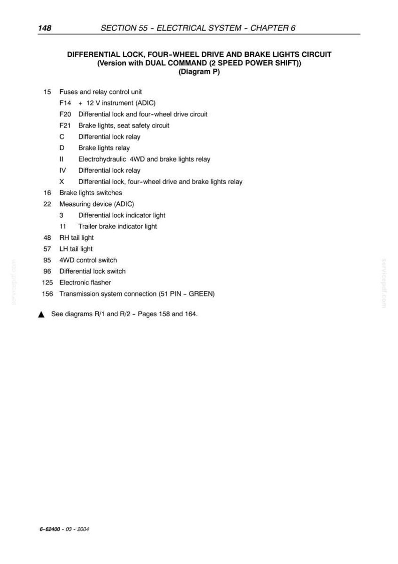 May include: Page from a manual detailing the electrical system, specifically the differential lock, four-wheel drive, and brake lights circuit. Includes a list of components like fuses, relays, and switches. Text includes "Differential Lock" and "Brake Lights".